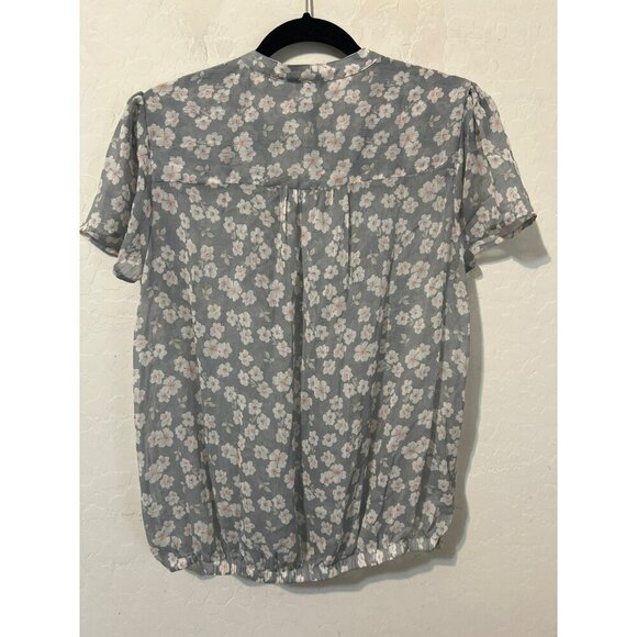 Torrid Sz 00 (US 10 M/L) Soft Grey Pink Floral Ditsy Gathered Waist Blouse Butto - Picture 5 of 7